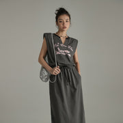 Printed Elastic Waist Drawstring Mid-Length Sleeveless Dress