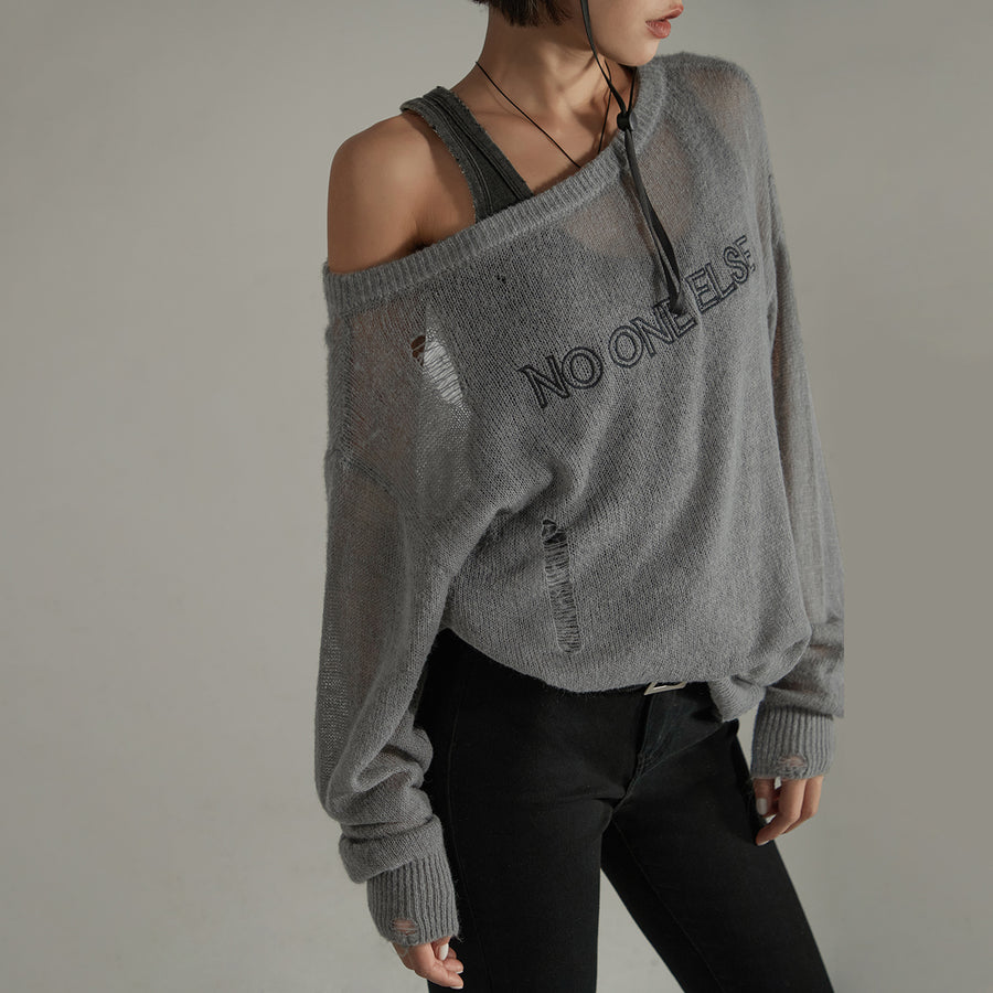 CHUU Distressed Ripped Thin Long Sleeved Knit Sweater