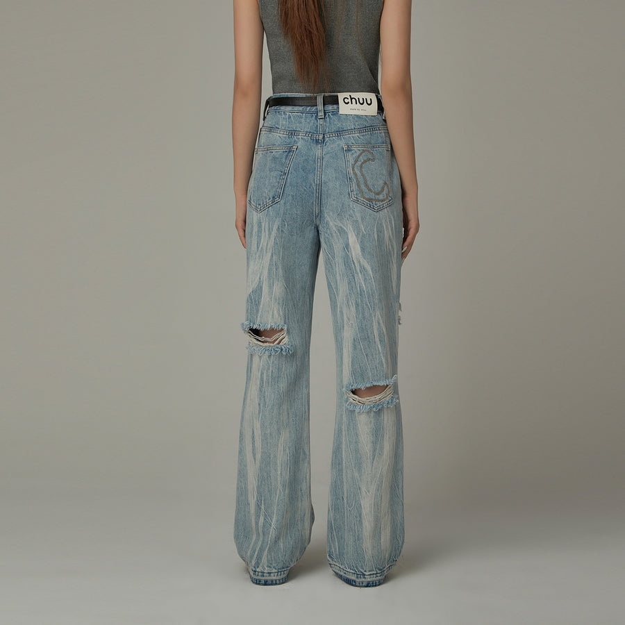 CHUU Tie-Dye Ripped Bootcut Jeans