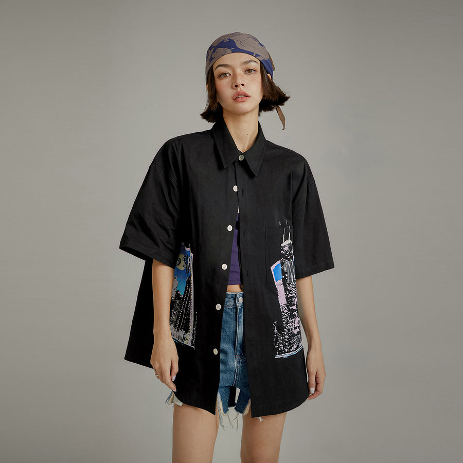 CHUU Cotton Boxy Pritned City Skyline Shirt