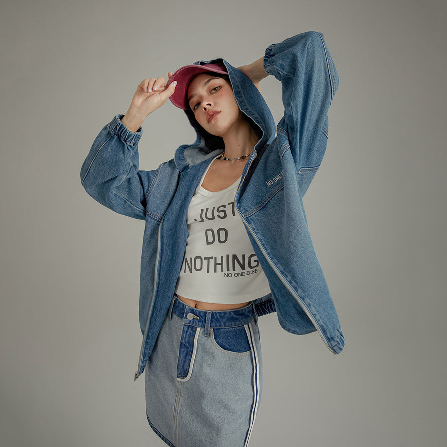 CHUU Embroidered Letter Denim Hooded Jacket