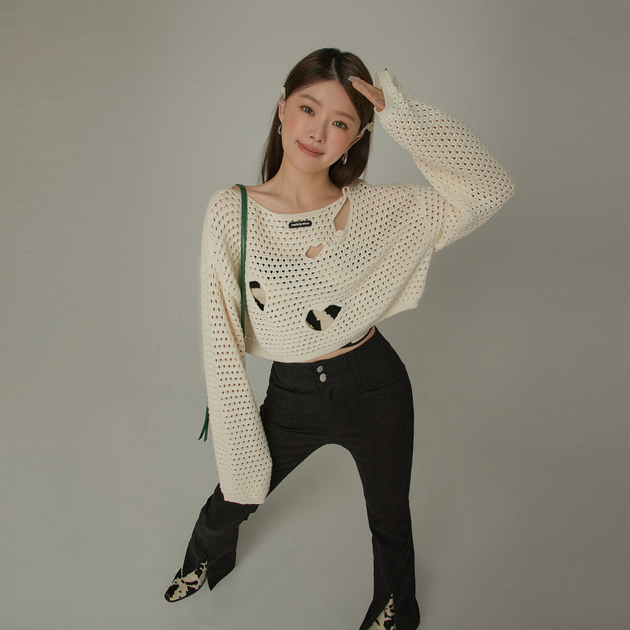 CHUU Heart Cutout Long Sleeve Crop Knit Sweater