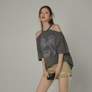 Off-The-Shoulder Jelly Fish Loose-Fitting T-Shirt