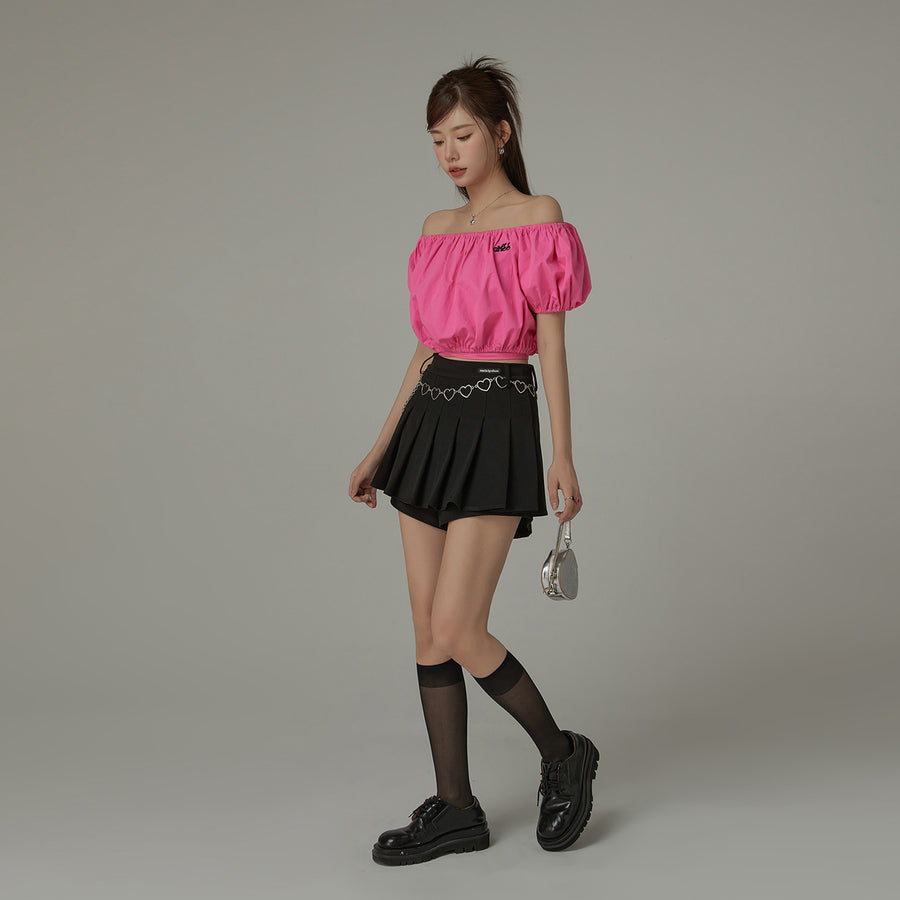 CHUU Off The Shoulder Puffy Cropped Tie Blouse