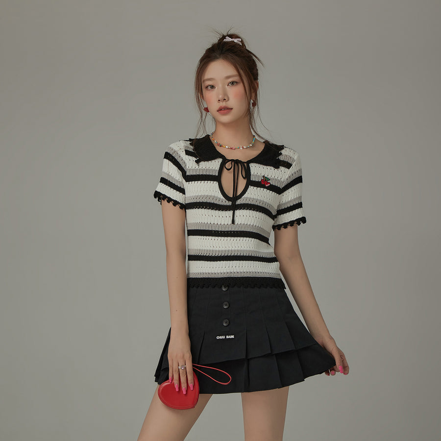 CHUU Stripe Ribbon Keyhole Knit Top