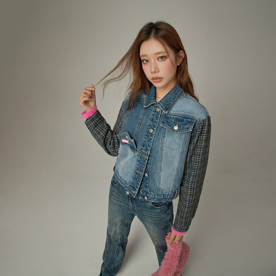 CHUU Tweed Sleeves Pocket Denim Jacket