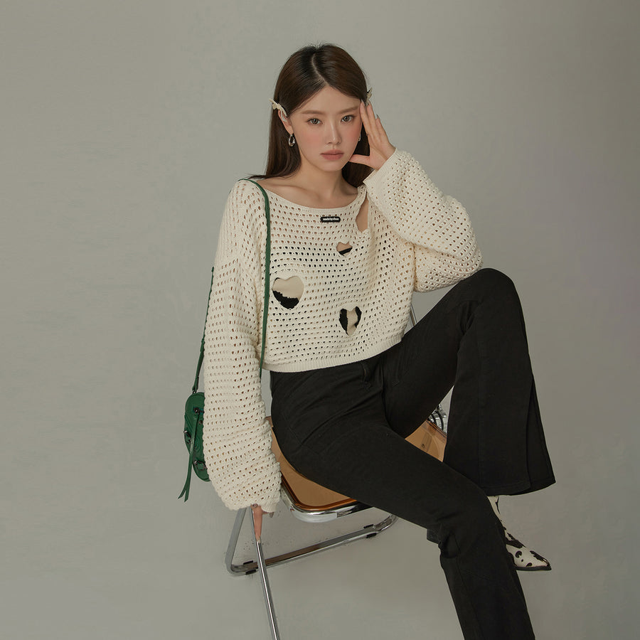 CHUU Heart Cutout Long Sleeve Crop Knit Sweater