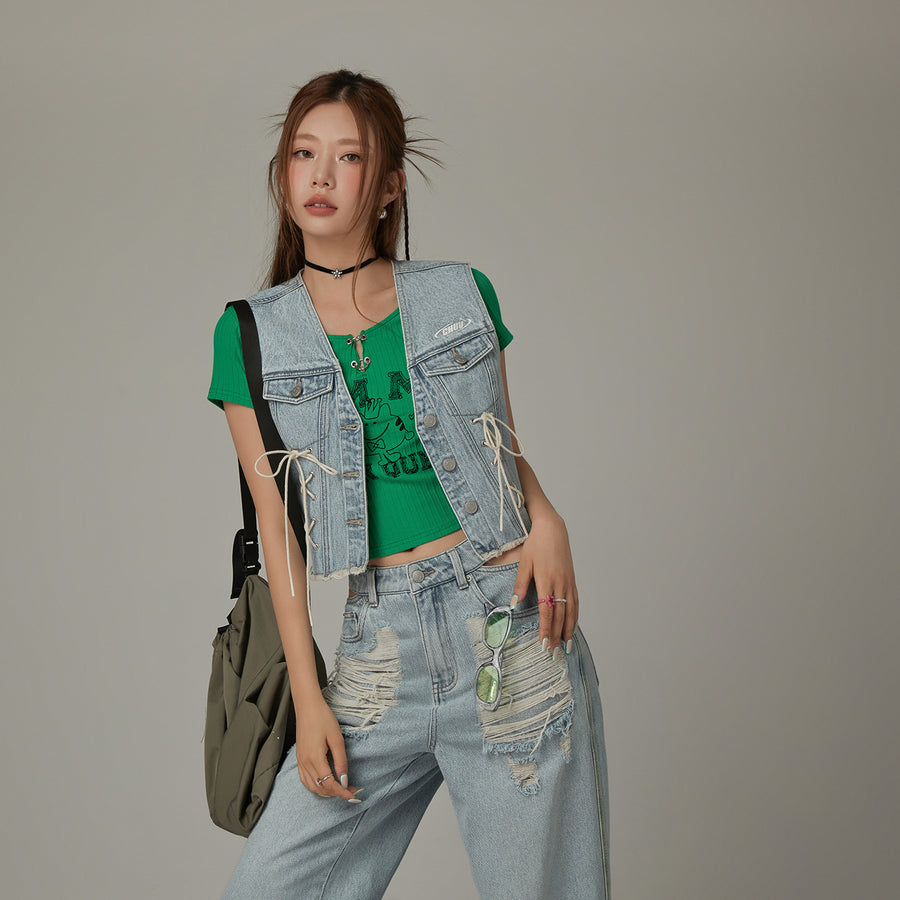 CHUU Lace Up Bow Denim Vest