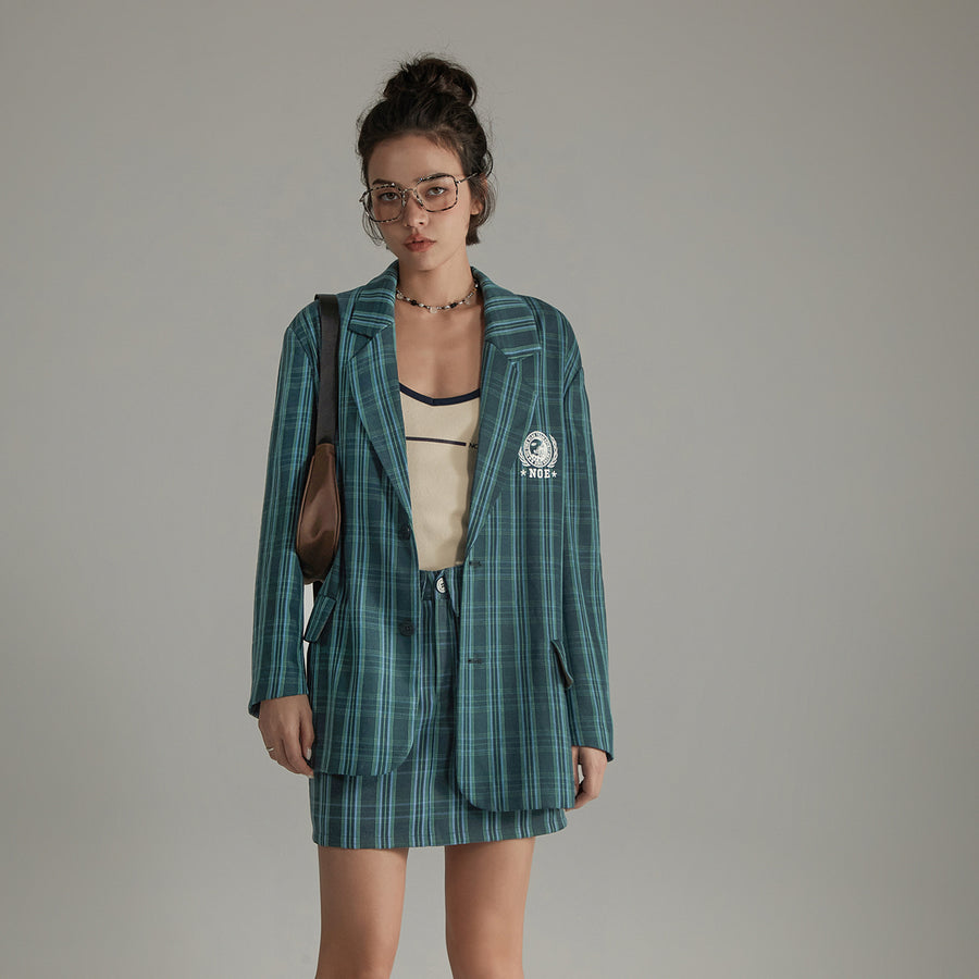 CHUU Vintage Check Preppy Embroidered Blazer Jacket