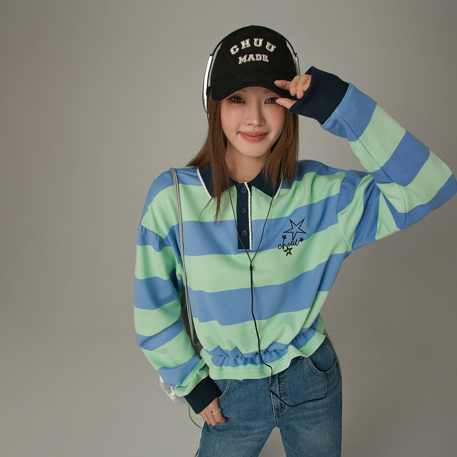 CHUU Polo Neck Stripe Sweatshirt