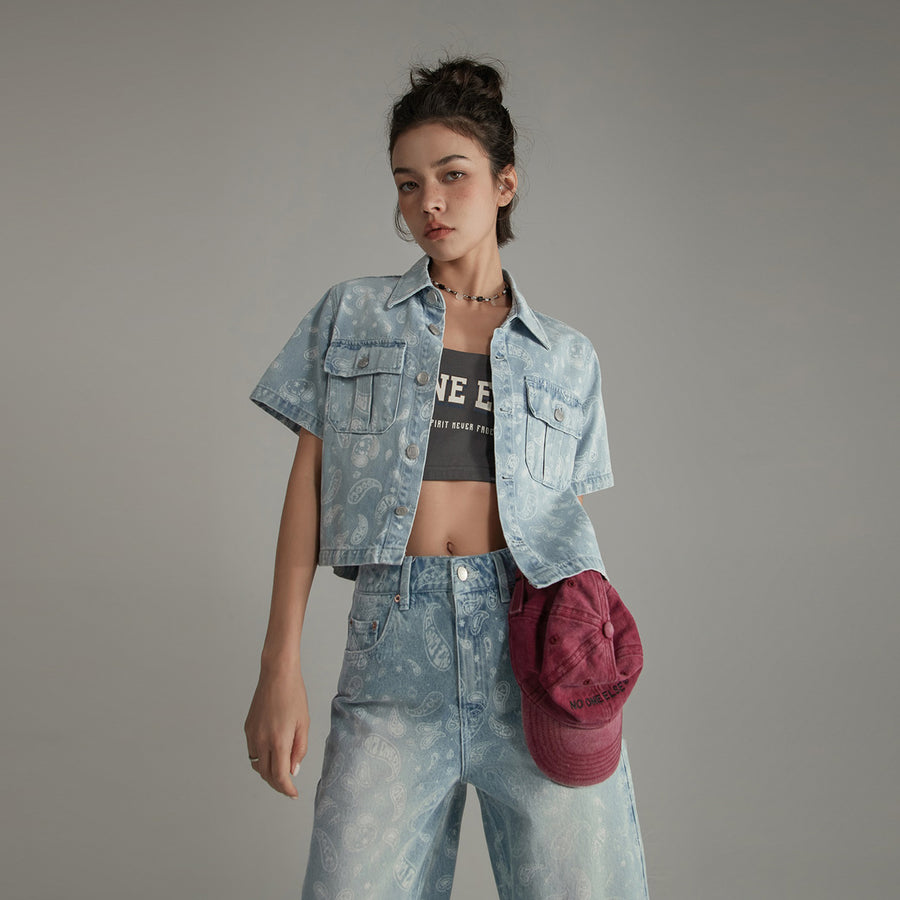 CHUU Logo Paisley Pocket Denim Semi Cropped Shirt Jacket