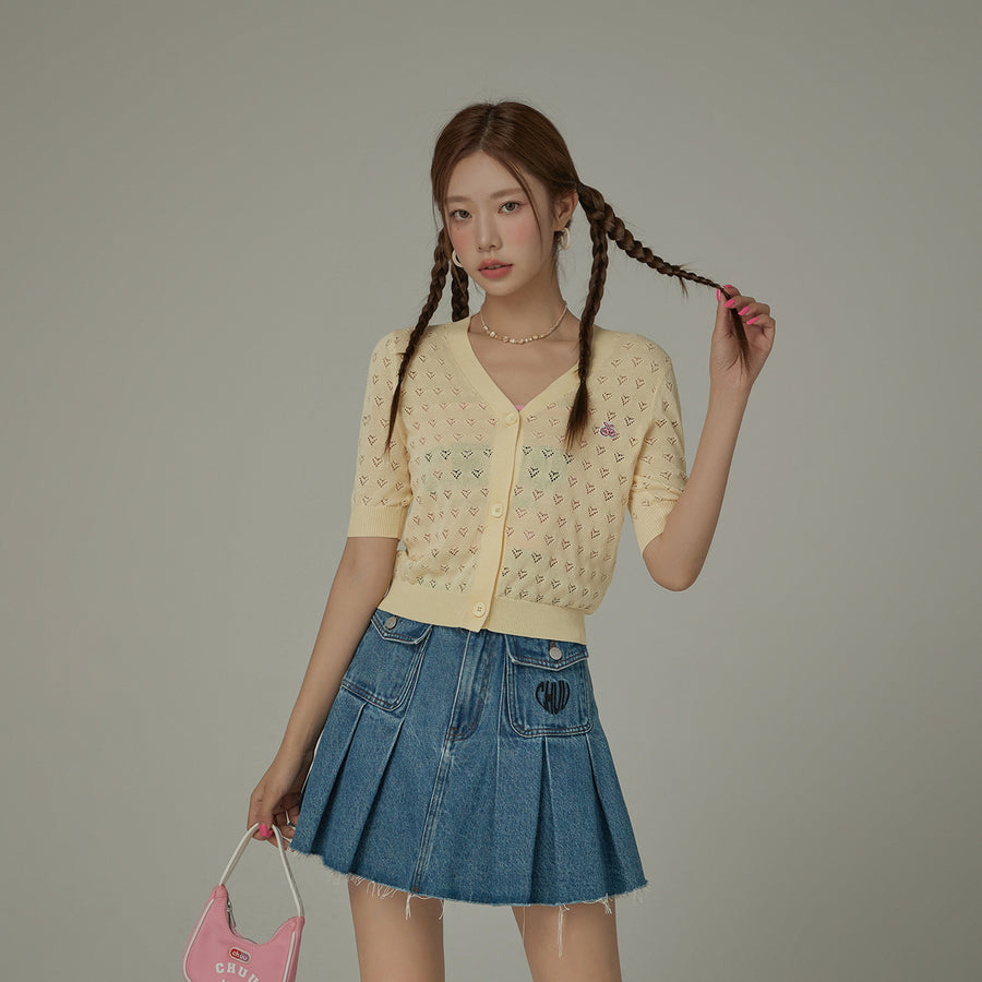 CHUU Heart Eyelet Short Sleeves Knit Cardigan