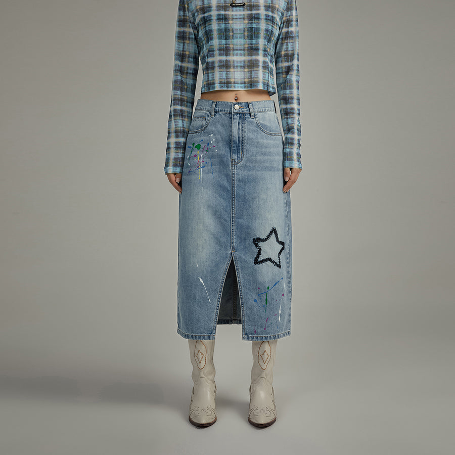 CHUU Star Denim Long Slit Skirt