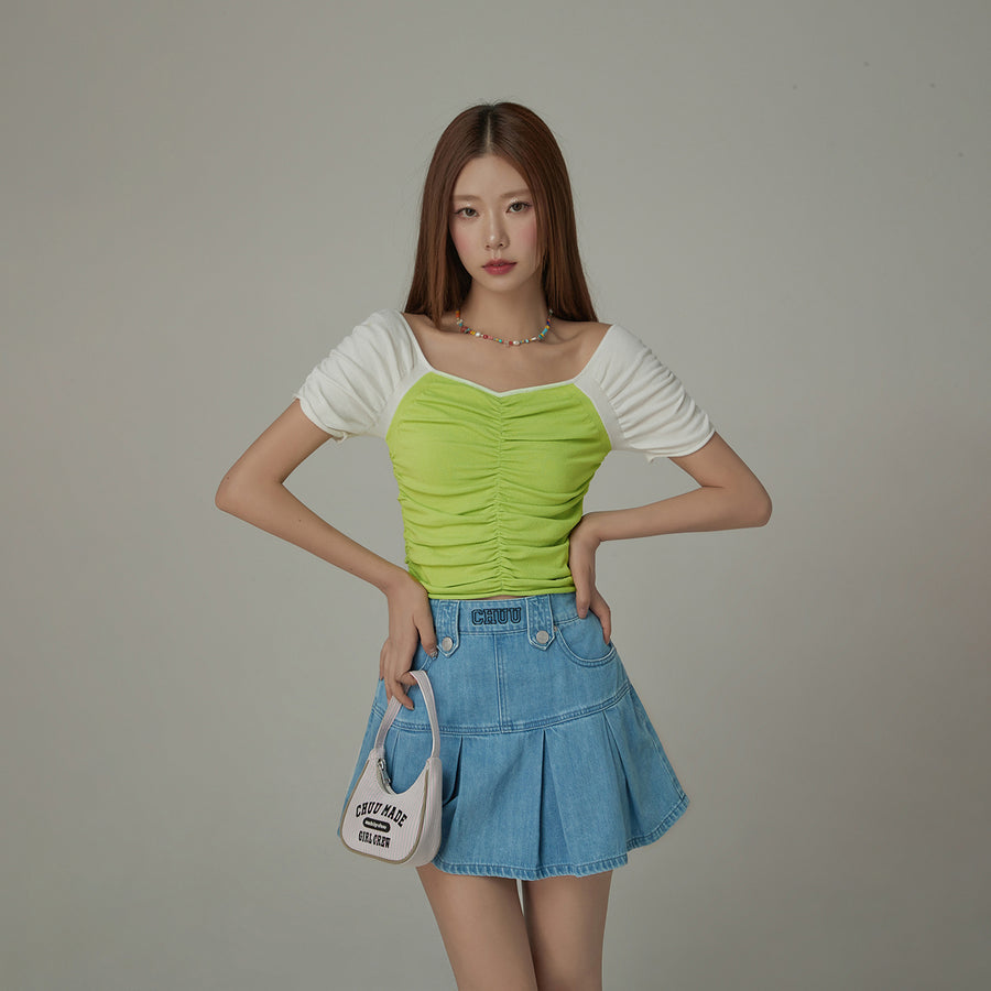 CHUU Off The Shoulder Shirred Knit Top