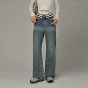 Color Matching Folded Waist Wide Denim Jeans