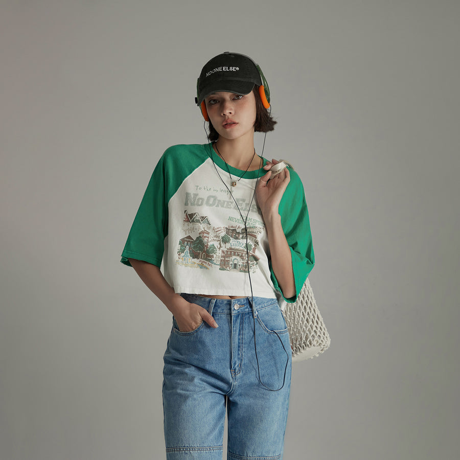 CHUU Raglan Color Crop Printed T-Shirt