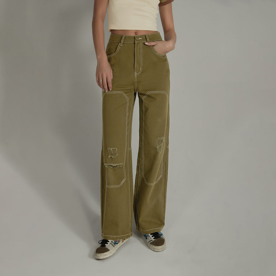 CHUU Distressed Ripped Outlined Cotton Wide Pants