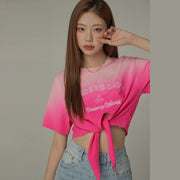 Gradient Short Sleeve Ribbon Tie Up Crop T-Shirt