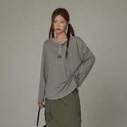 Button Side Shirring Basic T-Shirt