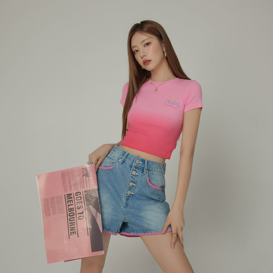 CHUU Gradient Round Neck Slim Short-Sleeved Cropped T-Shirt