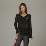 Heart Button Unbalanced Side Slit Knit Top