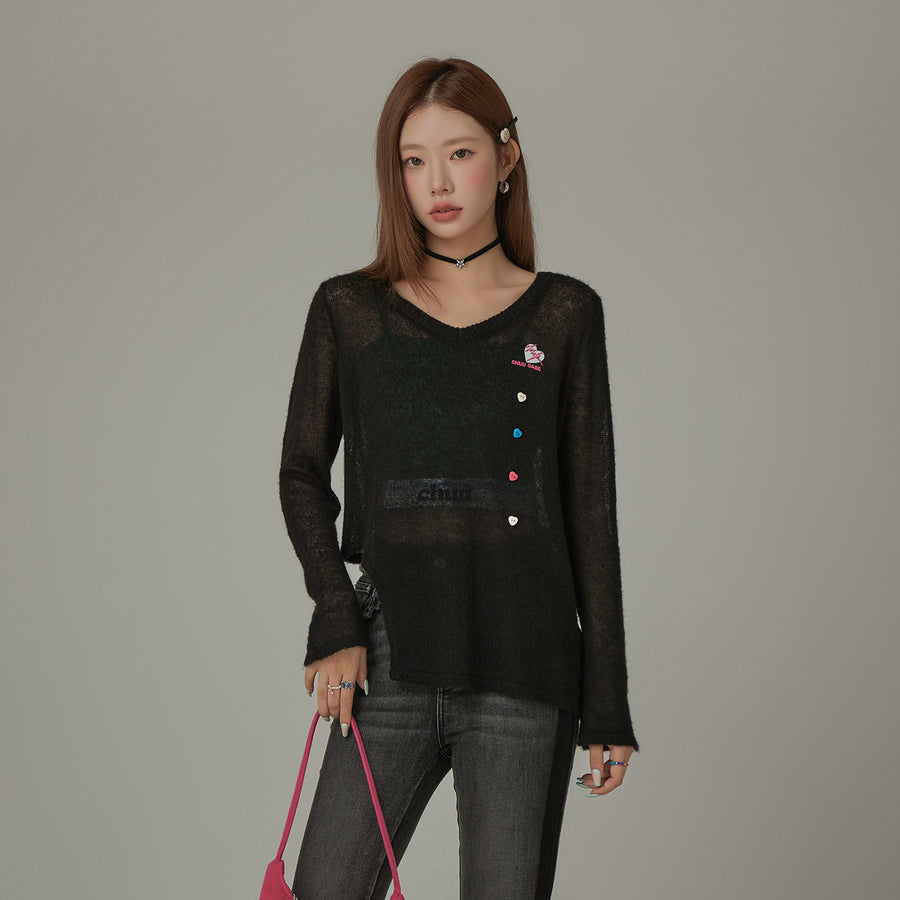 CHUU Heart Button Unbalanced Side Slit Knit Top