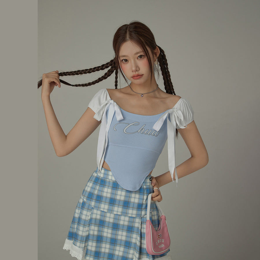 CHUU Unbalanced Chuu Lettering Ribbon Short Sleeve Top