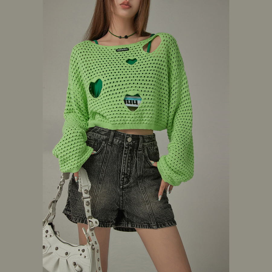 CHUU Heart Cutout Long Sleeve Crop Knit Sweater