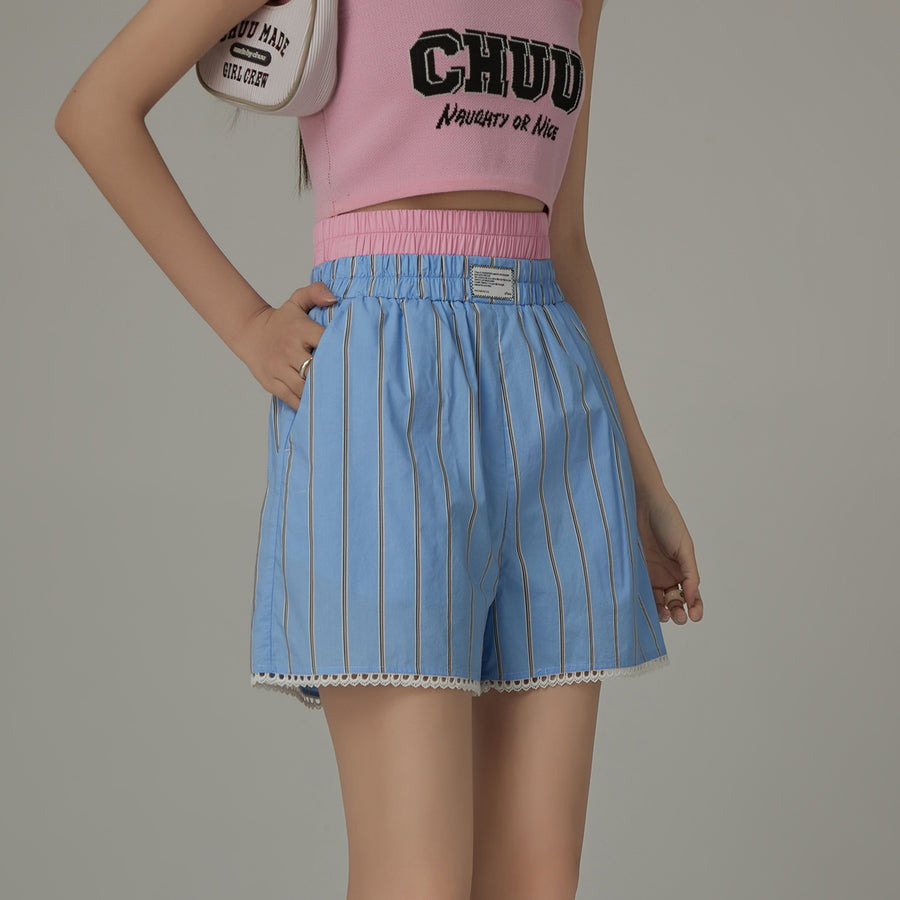 CHUU Lace Hem Striped Casual Shorts