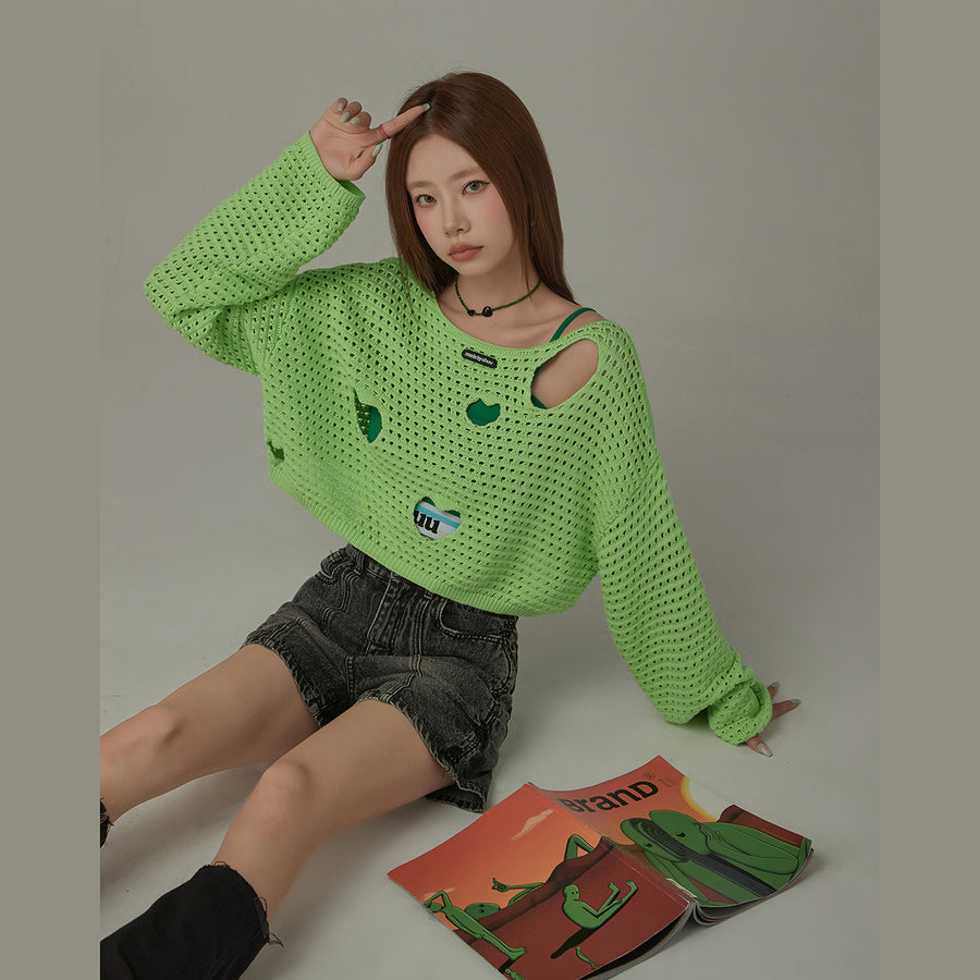 CHUU Heart Cutout Long Sleeve Crop Knit Sweater