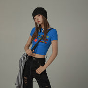 Size Doesnt Matter Colorful Embroidered Slim Crop T-Shirt