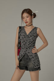 Cute Icons Button Shirring Sleeveless Top