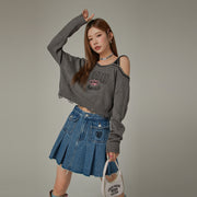 One Shoulder Cropped Loose Fit Knit Sweater