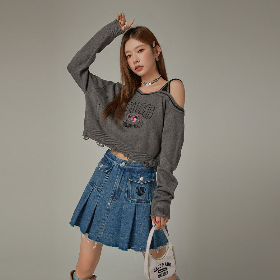 CHUU One Shoulder Cropped Loose Fit Knit Sweater