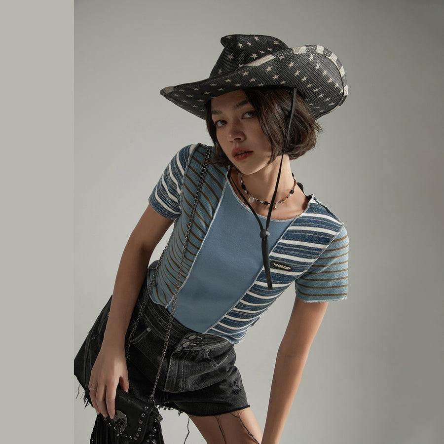 CHUU Contrast Striped Slim Cropped T-Shirt