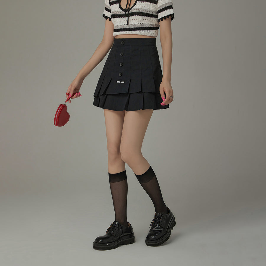 CHUU High Waisted Button Pleated Mini Skirt