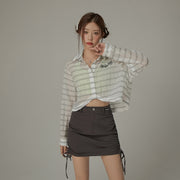 Logo Embroidered Cropped Striped Shirt