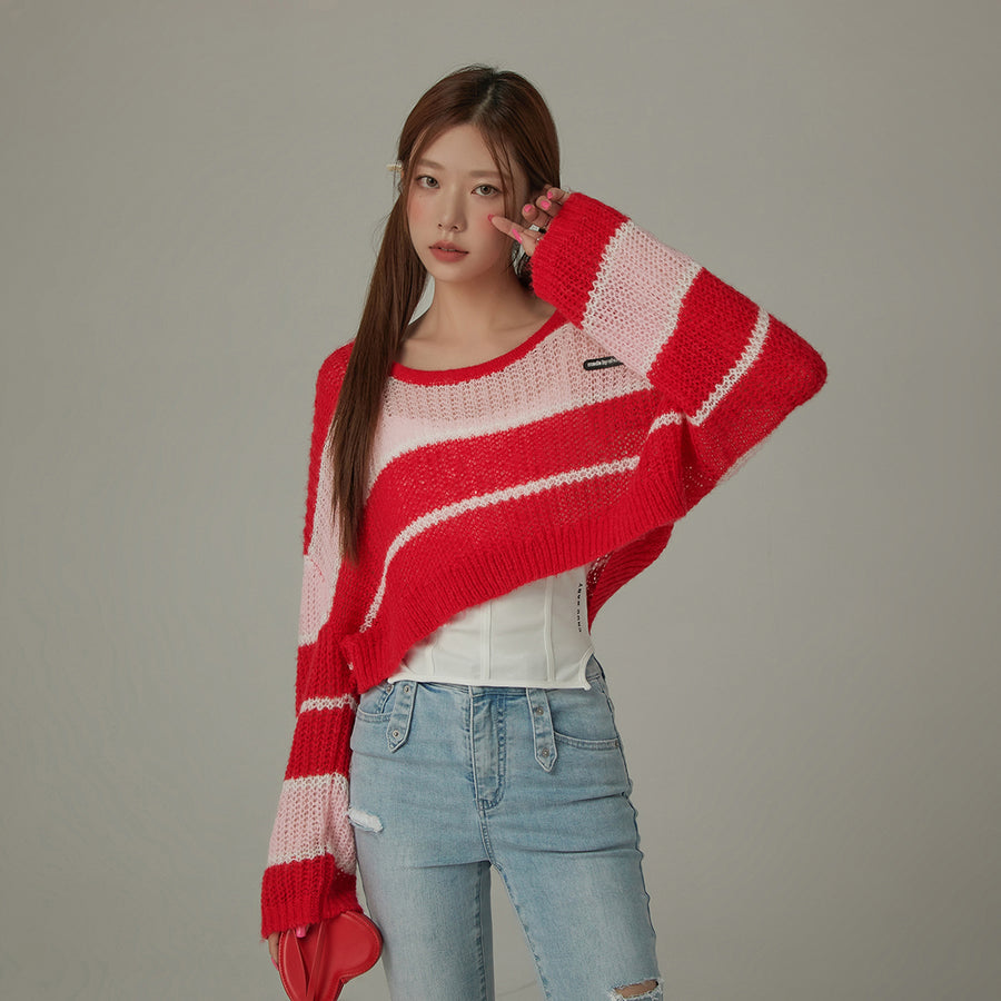 CHUU Color Combination Striped Cropped Knit Sweater