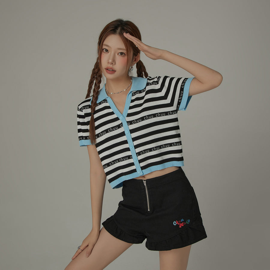 CHUU Chuu Lettering Striped Contrasting Color Knitted Sweater