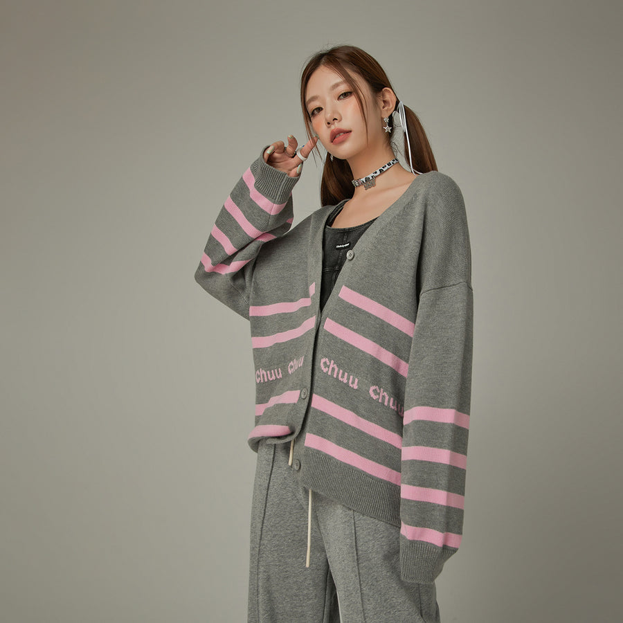 CHUU Lettering Striped Knit Cardigan