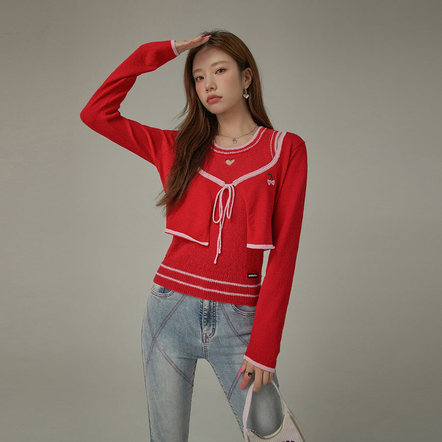 CHUU Little Cherry Embroidered Ribbon Tie Cardigan