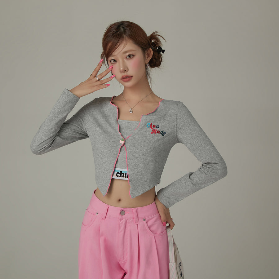 CHUU Logo Embroidered Ruffle Cardigan