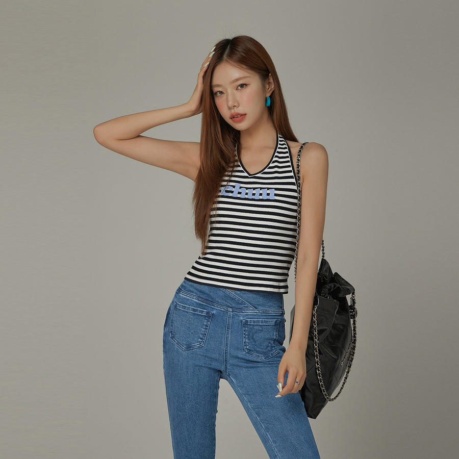 CHUU Logo Halter Neck Color Stripe Sleeveless Top