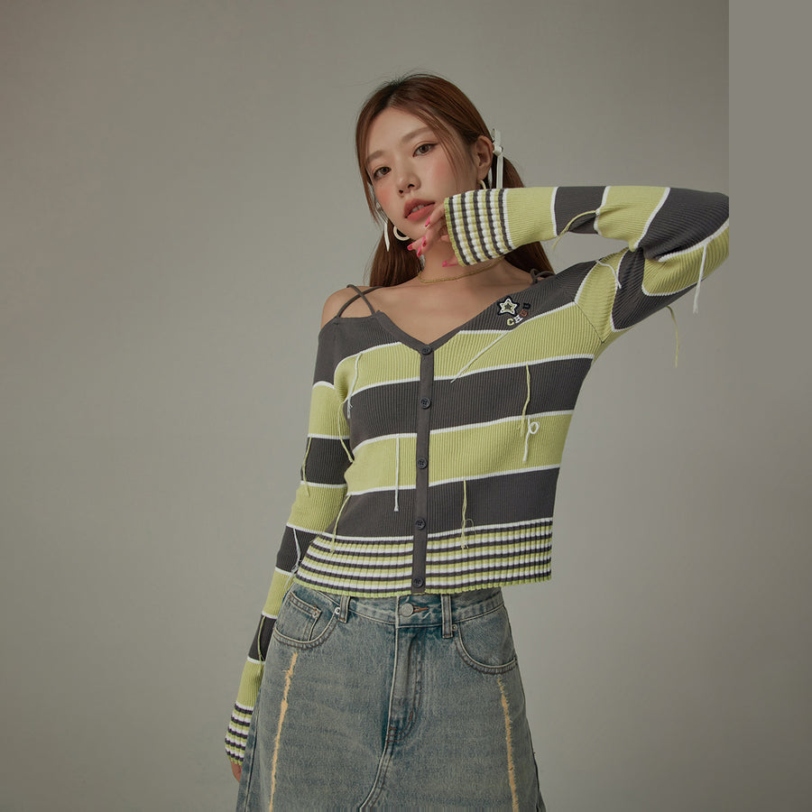 CHUU Color Combination Stripe Off The Shoulder Knit Sweater