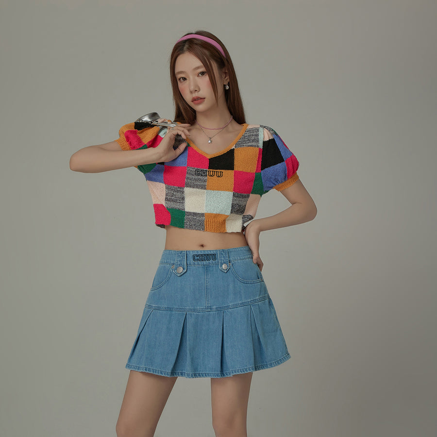 CHUU Color Check Pattern Cropped Knit Top