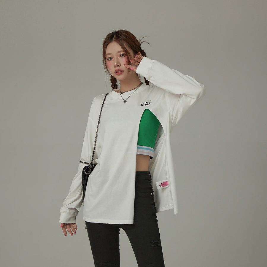 CHUU High Slit Boxy Logo Long Sleeve T-Shirt