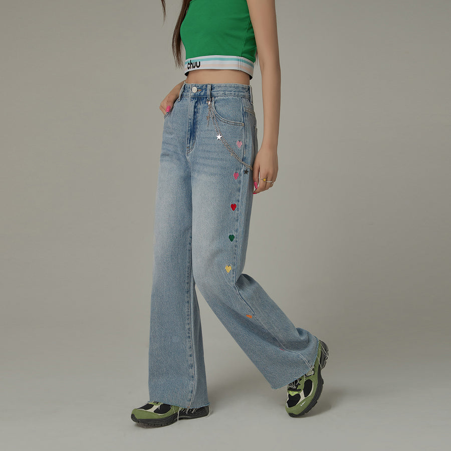 CHUU Colorful Heart Embroidered Denim Straight Wide Jeans