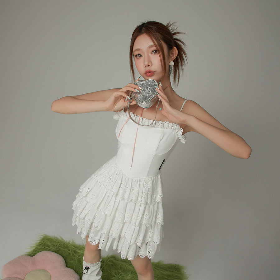 CHUU Lace Layered Ruffle Corset Strap Mini Dress