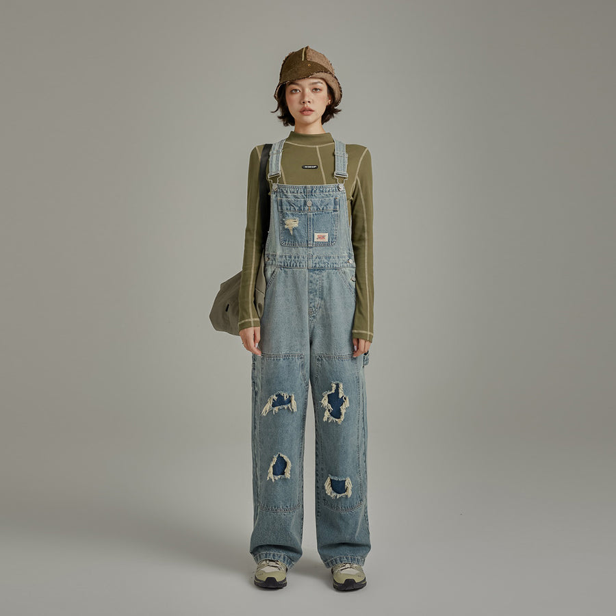 CHUU Knee Damaged Denim Overalls