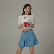 Puff Sleeve Heart Cut Out Crop Shirt